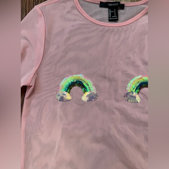 FOREVER 21 Pink Mesh Long Sleeve Rainbow Sequin Crop Top Rave Festivals EDC - Picture 3 of 4